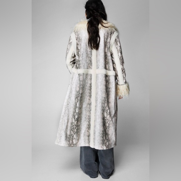 New with Tag! Snake Print Shearling Trim Longline Aviator Coat. Brand-Nasty Gal! - Picture 2 of 9